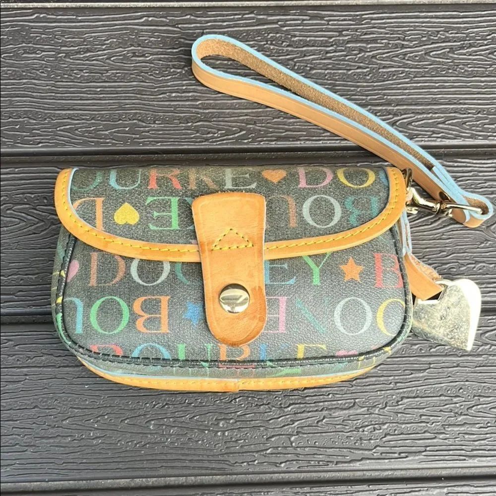 Dooney & Bourke Multicolor Logo Wristlet with Tan Leather Trim